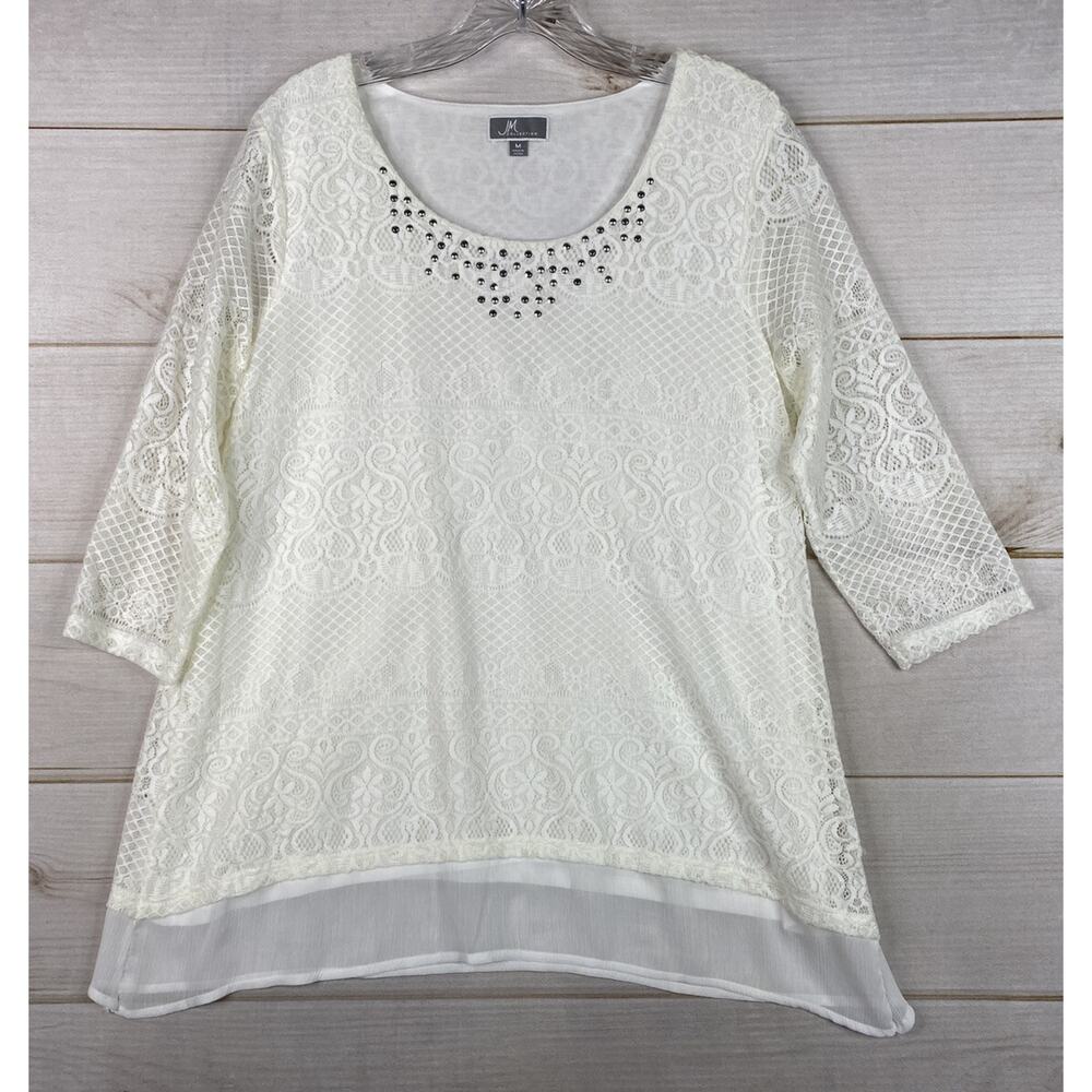 JM Collection Top Womens Sz M White Lace Studded Scoop Neck 3/4 Sleeve Stretch